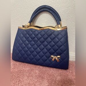 New navy blue vegan leather vintage purse handbag retro bow shoulder crossbody